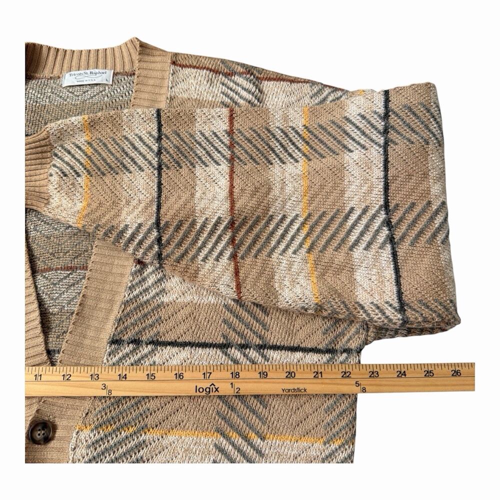 Tricots St. Raphael Men Cardigan Sweater Large Brown Plaid Button Front USA Made - Picture 7 of 9